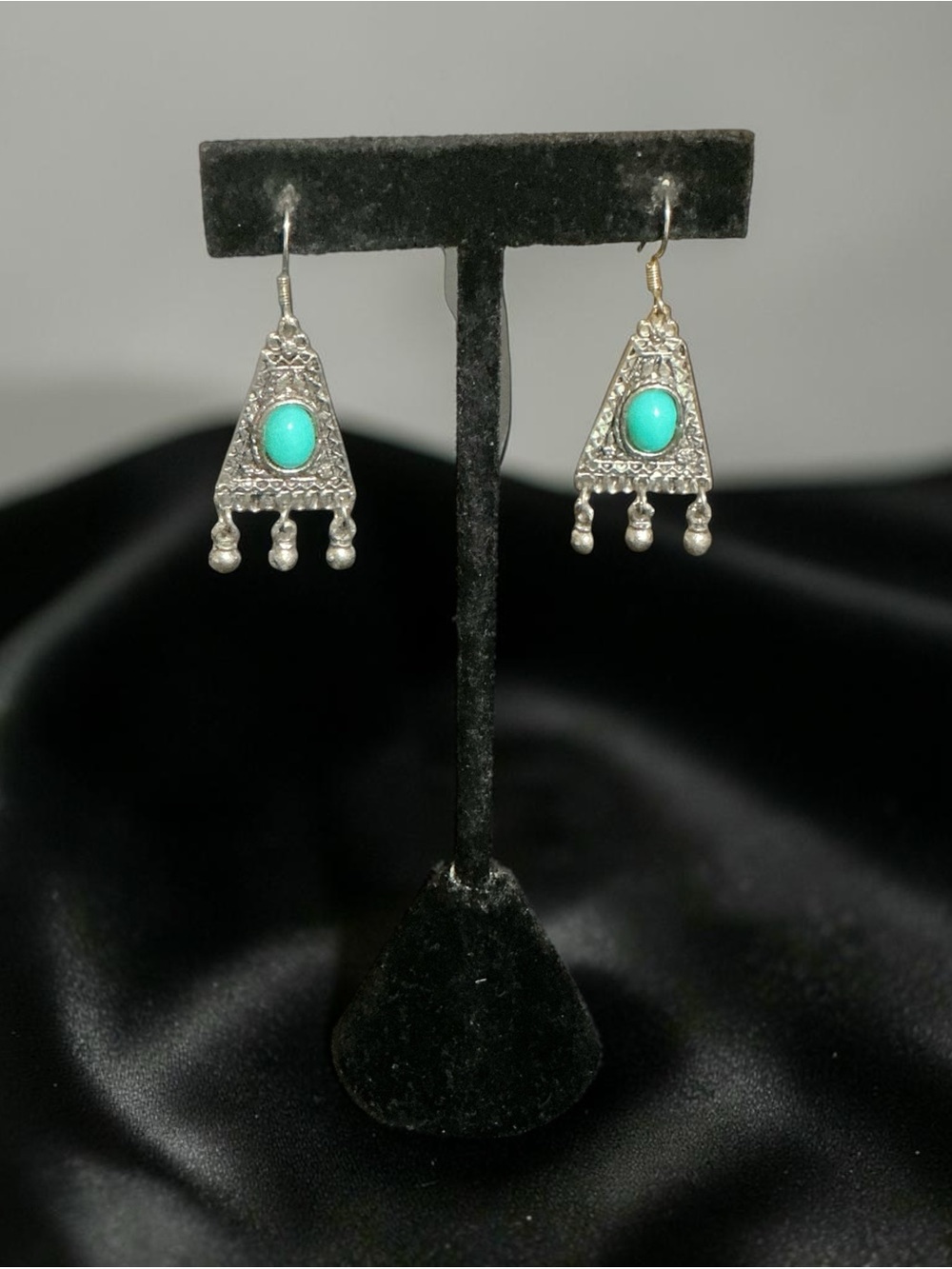 Turquoise Center Silver-Tone Triangle Dangle Earrings